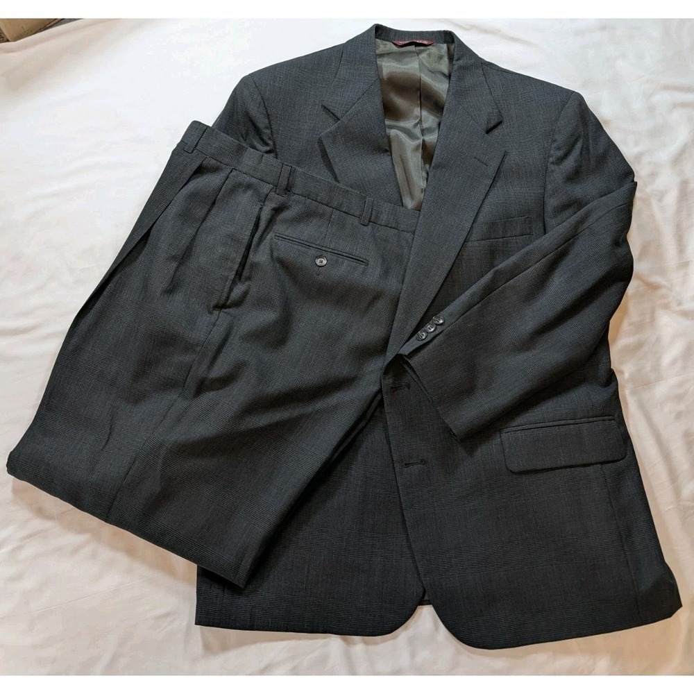 Vtg Botany 500 Men's 44 Reg / 37x30 Custom Tailored Dk Grey Glen Plaid Suit USA